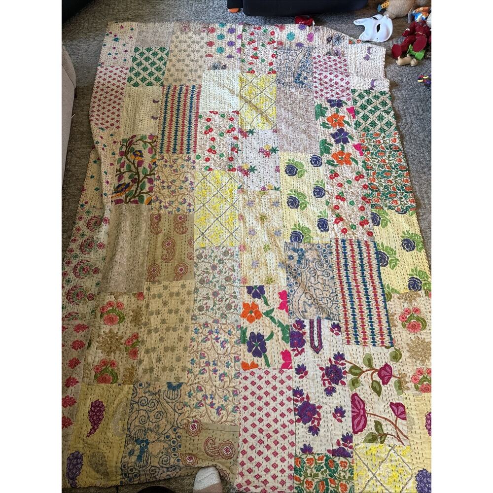 Colorful Sari Kantha Quilt, Patchwork Cotton Bedspread, Kantha Throw